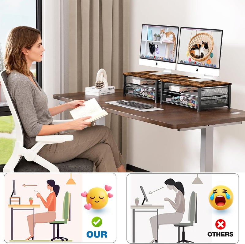 OPNICE Wood Computer Monitor Stand Riser, Desk Organizer with Drawer, Laptop Stand, Office Desk Accessories & Workspace Desktop Organizers Storage for Office Supplies(Brown) - Image 4